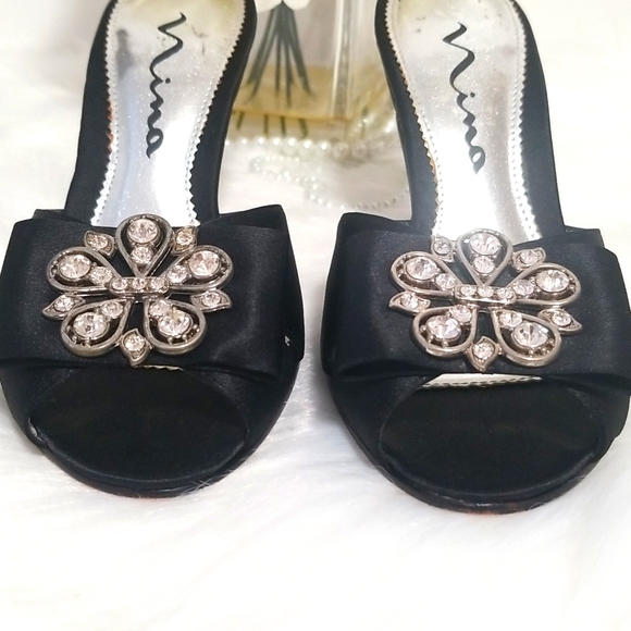 Nina Black Slide Heel Sandals with Rhinestones  Genuine Leather Sole - Picture 8 of 8